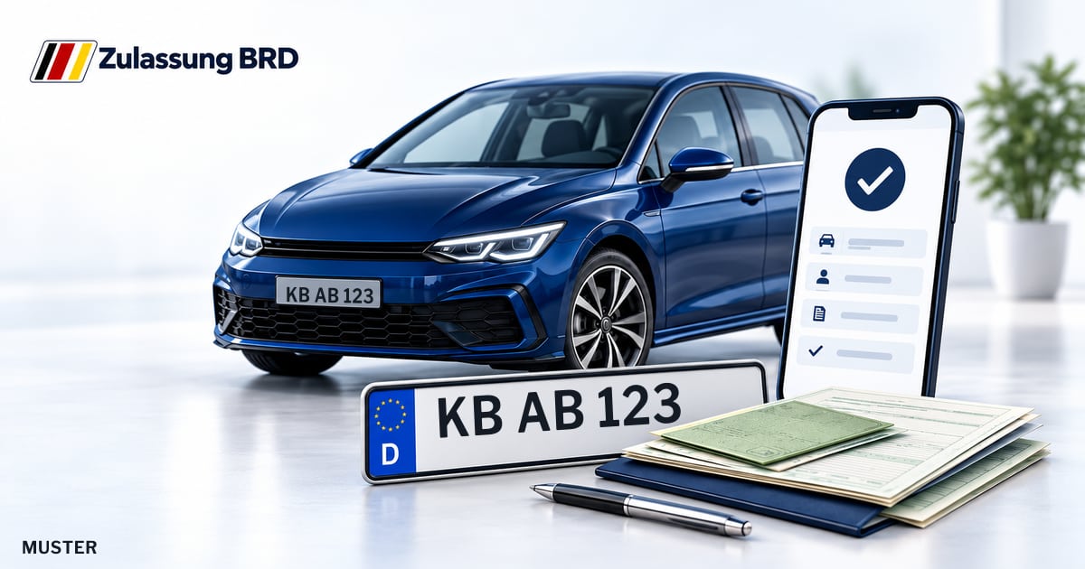 Online Fahrzeugzulassung in Battenberg: Musterkennzeichen KB AB 123, Auto und Fahrzeugpapiere und Smartphone. Illustration mit Logo von Zulassung BRD.